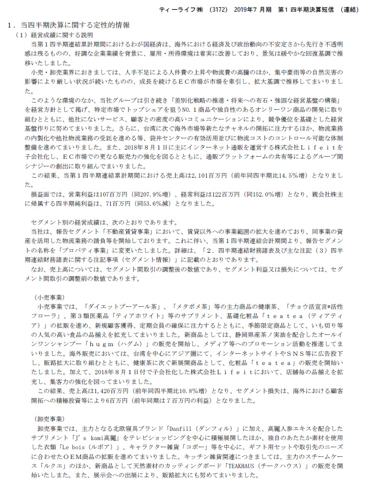 図14 ティーライフ(株)19年7月期決算短信より