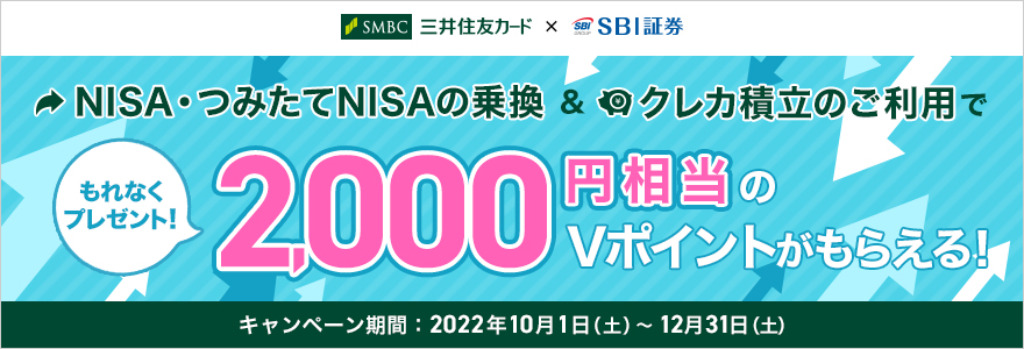 【三井住友カード×SBI証券】
NISA・つみたてNISA乗換キャンペーン
条件達成で、もれなく2,000円相当のVポイントがもらえる！